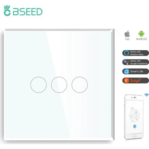 BSEED Wifi 3 Gang 1/2/3 Way Touch Smart Switch Glass Switch White Black Golden Works With Tuya Google Smart Life