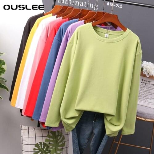 OUSLEE Cotton Long Sleeve T Shirt Women Casual Basic Womens T-shirts Solid Colors Top Female Fashion Korean Tee Shirt Plus Size