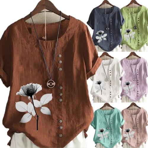 Womens Summer New Fashion Casual Linen Shirt Round Neck Floral Printed T-shirt Short Sleeve Tops Loose Blouse S-5XL
