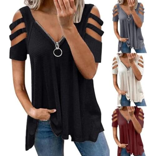 Plus Size Women& Fashion Loose V Neck Women T-shirt Solid Color Hollow Sleeve Summer Low Cut Zipper Blouse for Dating Tops New