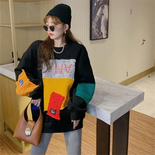 Autumn Winter Thick Warm Sweatshirt Women Hoodies Fashion Spliced O-Neck Long Sleeve Pullovers Female Loose Tops Sweatshirts