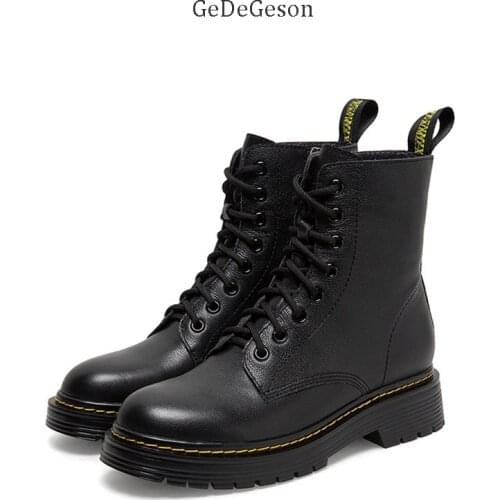 Thick Sole Martin Boots Women England Street Style Genuine Cowhide Cool 8 Holes Shoelace Black Fashion Wearing