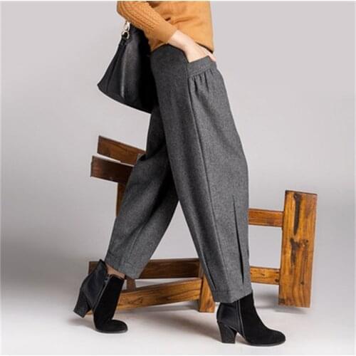 Hot Woman Plus Size Spring Fall Retro Woolen Haren Pants Female High Wide Leg Trousres Lady Woolen Loose Carrot Pants Bloomers