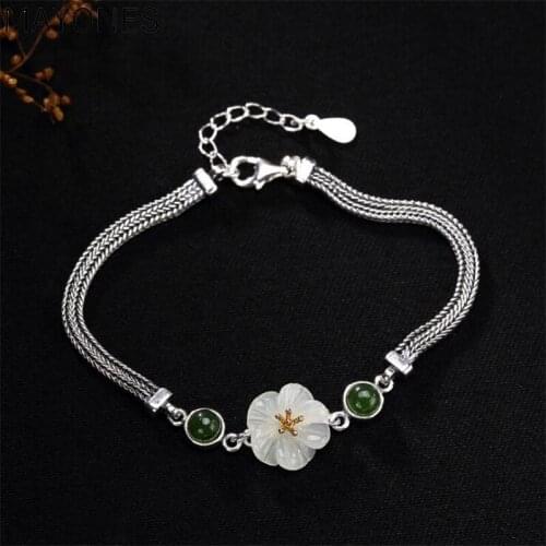 3mm Width Chain 2019 Charm Bracelet 100% Real 925 Sterling Silver Jewelry For Women Real Natural Jade Lotus bracelets & bangles