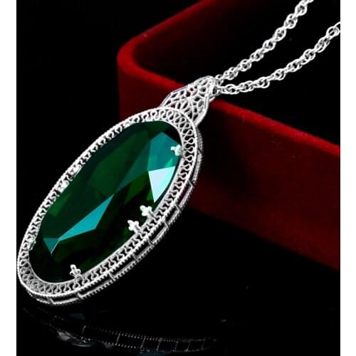 Female Vintage Pendant Silver 925 Wide Large Oval Emerald Gem Stone Gothic Necklace Luxury Medieval Goth Party Women Jewelry New