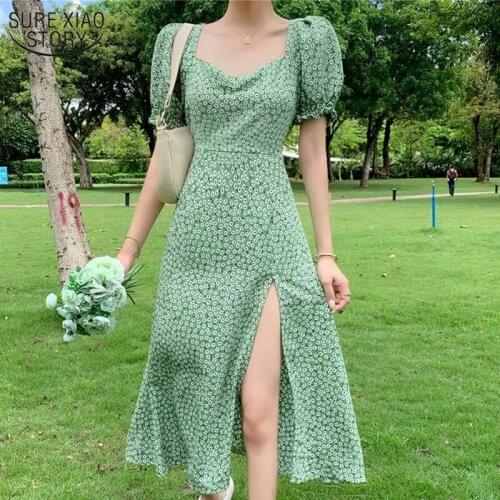 French Summer Floral Bohemia Dress Women Square Collar Floral Dress Slim Split Long Dress Sexy Elegant Beach Boho Dress 14548