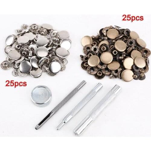 25pcs silver + 25 pcs bronze 15mm Snap Button Metal + tool set for leather goods