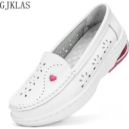 Women White Genuine Leather Flats Female Slip-on Ballet Flats Soft Boat Shoes Nurse Work Loafers High Quality Breathable Loafers