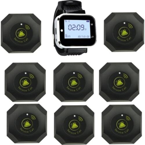 Wireless Paging System 8 Calling Buttons bells Transmitter + 1 Wristwatch Receiver For Restaurant Service