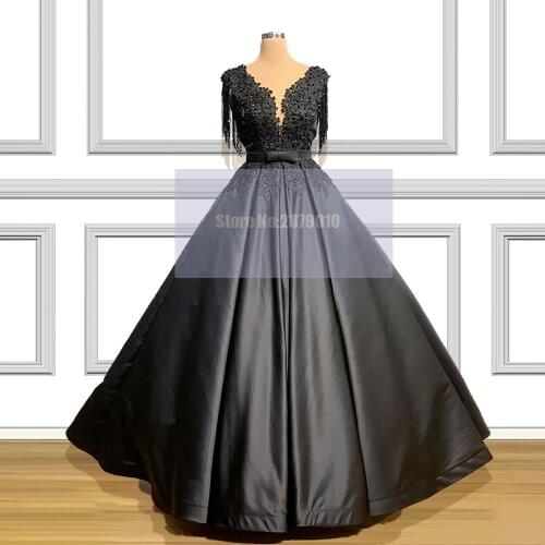Elegant Black Sleeveless Evening Dress Prom Dresses 2020 Ball Gowns Applique Beaded Sash Tassel Prom Gowns Formal Dress Dubai
