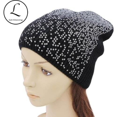 GZHILOVINGL 2017 Hip Hop INS Winter Silver Sequin Warm Thick Solid Knitted Rabbit Fur Wool Beanie Hat For Women Skullies Beanies