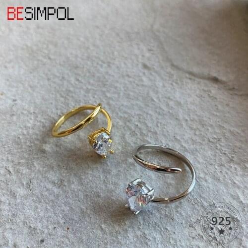 Besimpol Real 925 Sterling Silver Rings French Style Simple Diamond Spiral Adjustable Ring for Women Fashion Fine Jewelry Gifts