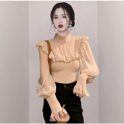 Korean Womens Black Knitwear Spring Autumn Ruffle Patchwork Lantern Long-Sleeved Pullover Tops Vintage Mock Neck Knitted Sweater