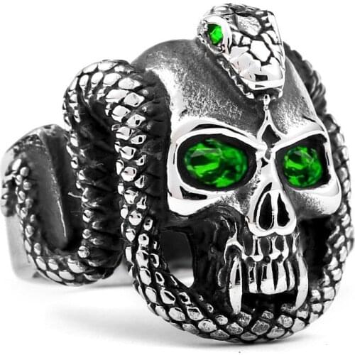 Megin D Silver Plated Punk Skull Green Stone Eyes Snake Evil Vintage Bague Rings for Men Women Couple Friends Gift Jewelry Gothi