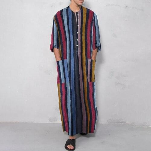 Mens Robes Undershirts Long Sleeve Striped Pockets Button Sleepwear Plus Size 5XL Loose Causal Nightgown Bathrobes Homewear