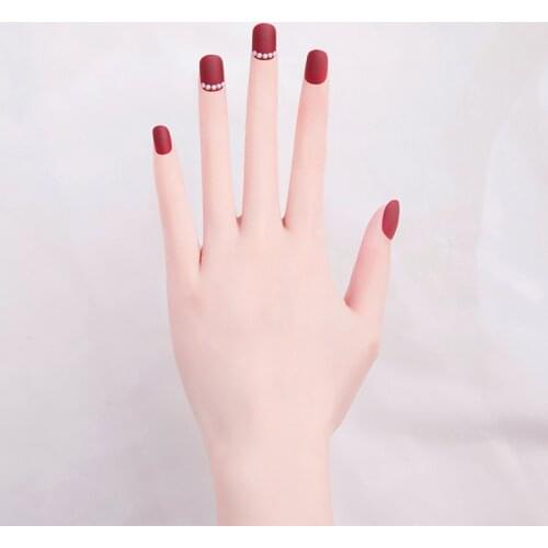 Fake Nails Burgundy Frosted Pearls Short Wear Nail Stickers Finished Nails 24pcs With Glue DL