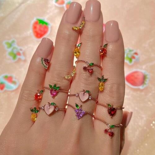 2021 Summer New Fashion Multicolor Cute Apple Grape Stawberry Cherry Cz Fruit Rings For Women Lovely Girl Party Charm Jewelry