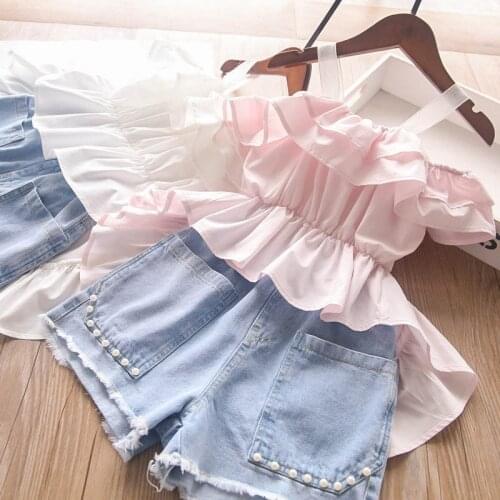 Girls Ruffle Dress and Denim Pants Outfits Summer Child Kid Solid Strap Dovetail Skirt and Short Pants with Pocket Clothing Sets