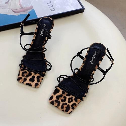 Leopard Ankle Strap Women Sandals Summer Fashion Brand Thin High Heels Gladiator Sandal Shoes Narrow Band Party Dress Pump Shoes