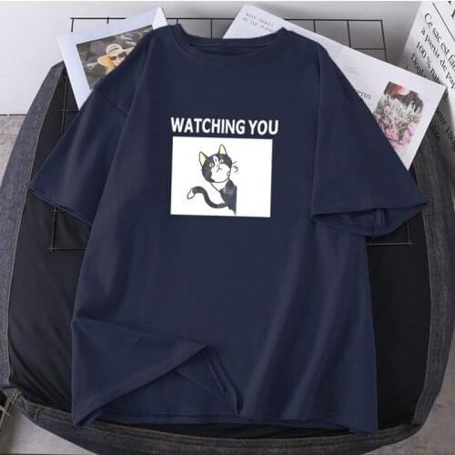 Watching You Cute Cats Woman T-shirts Short Sleeve O-neck Female High Quality Summer Tops K-pop Casual Fashin Tees 2021 News