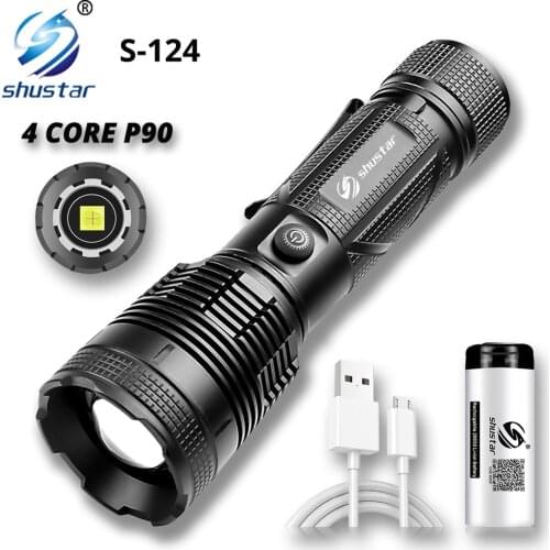 Super Bright 4 CORE P90 LED Flashlight With safety hammer Support zoom 3 lighting modes Suitable for adventure,hiking,Camping
