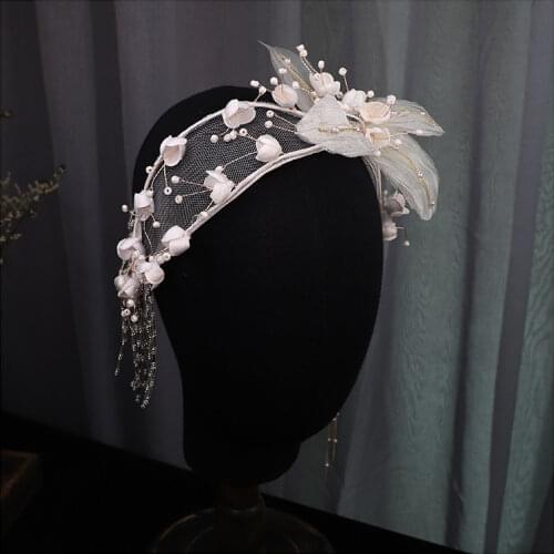 Flower Beaded Tassel Headband Bride Wedding Headdress Studio Makeup Style women hair Ornament