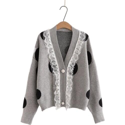 Lace Patchwork Polka Dot Women Knit Cardigan 2021 Winter Single Breasted V-neck Knitwear Korean Fashion Warm Soft Jumpers Tops