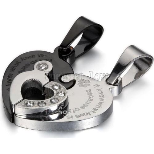 2pcs His & Hers Couples Gift Heart Stainless Steel Pendant Love Necklace for Lover Valentine Black Silver Colour Chains Included