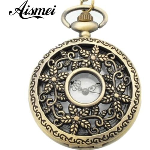 2018 Antique Cute Bronze Necklace Vintage Leaf Pocket Watch necklace Gift 5pcs/lot