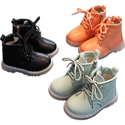 Baby Kid Girls Boys Martin Boots Fashion Side Zipper Lace-Up PU Leather Waterproof Ankle Boots For Kid 3-6Years