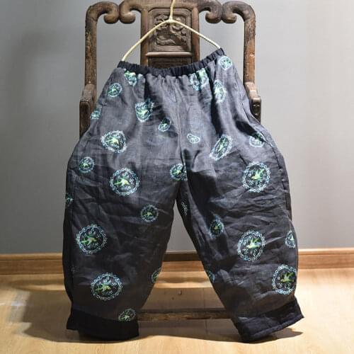 Women Elastic Waist Loose Printed Retro Padded Pants Ladies Vintage Vintage Casual Pants Female Padded Winter Trousers 2020