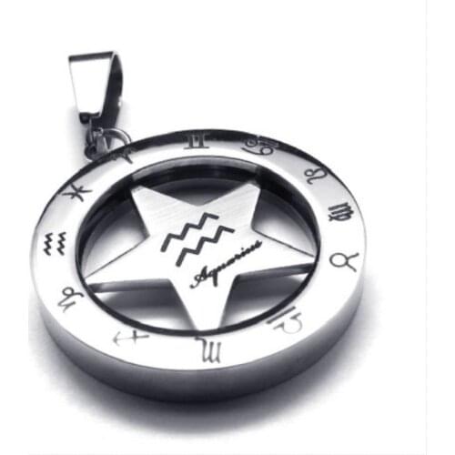 Vintage 316l Stainless Steel 25mm Round Circle Star 12 Zodiac Aquarius Pendant Necklace Jewelry With Bead Chains