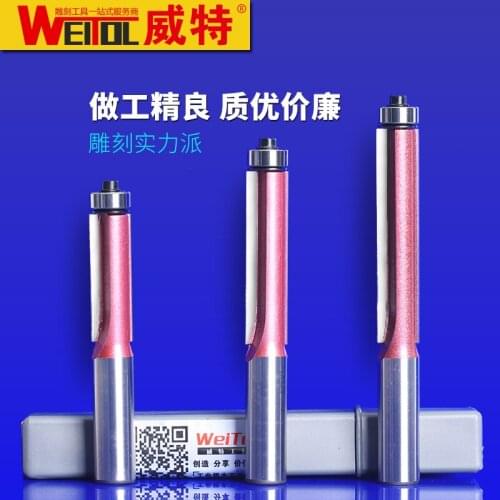 WeiTol 1pcs 1/2 inch cnc engraving bit Lengthen flush trim router bit with bearing straight shank two flutes router bit for wood