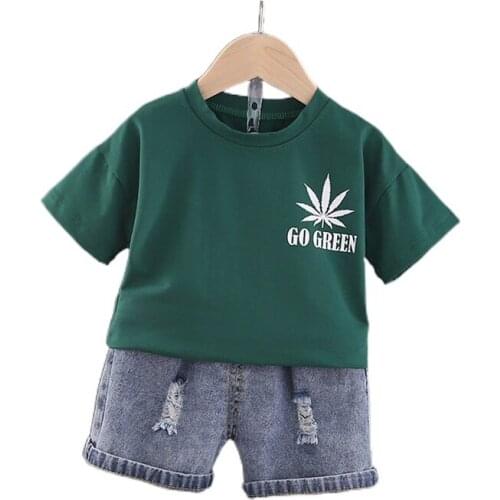 New Summer Baby Boys Handsome Clothing Set Kids Girls Maple Leaves Print Cotton T-shirt+denim Shorts 2-piece Infant Clothes