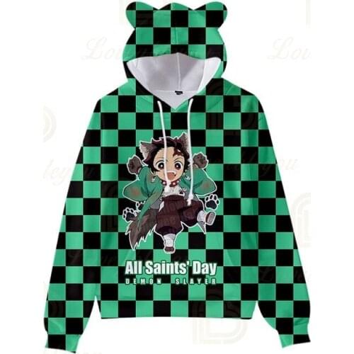Halloween Demon Slayer Cat Ear Hooded Hoodies Pullovers Sweatshirts Boys Kids Cute Printed Long Sleeve Children Tops
