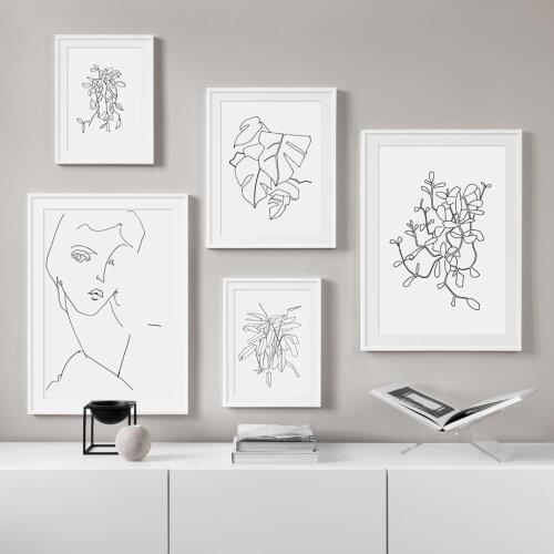 Hand Drawn Line Art Plants Girl Wall Art Canvas Painting Nordic Posters And Prints Wall Pictures For Living Room Bed Room Decor