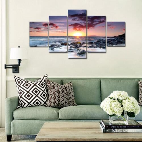 No Framed 5 Pieces Abstract Setting Sun and The Sea Painting on Canvas Prints Seascape Decorative Pictures Home Decor Wall Art
