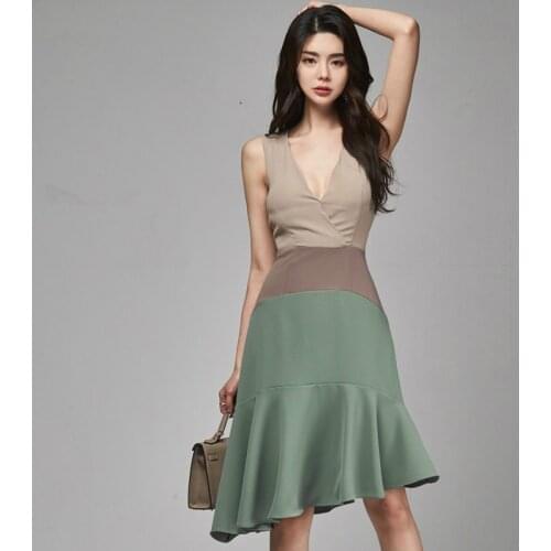 Contrast Modis Korean Style Summer Dress 2020 Sleeveless Deep V-neck Slim Ruffle Dress Woman Plus Size Retro Dresses Elegant