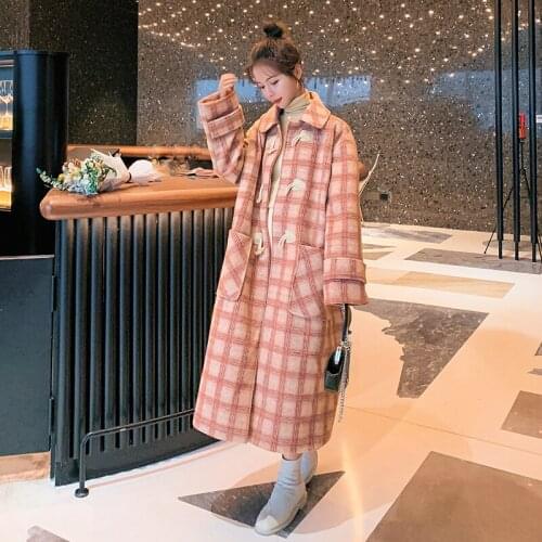 Korean Loose Fashion Jacket Female Womens Woolen Coat Winter 2021 New Horn Buckle Plum Red Plaid Lapel Straight Wool Long