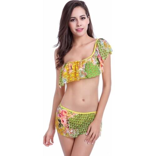 One Shoulde Bathing Suit Flounce Top Tradional Female Sexy Bikini Push Up Plus Size XXL Mesh Layer Swimsuit 04