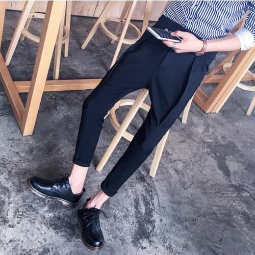 M-3xl Men Casual Pants Linen Crimping Slim Hypotenuse Ankle Length Pants Fashion Trousers Skirt Hairstylist Pants