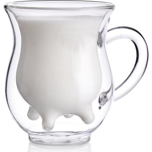 Cute Milk Mug Double Layer Heat-resistant Glass Cow Cups Clear Milk Cup For kids Milk Drink Water Juice Coffee Mugs Container