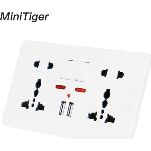 Minitiger Wall Power Socket Double Universal 5 Hole Switched Outlet 2.1A Dual USB Charger Port LED indicator 146mm*86mm