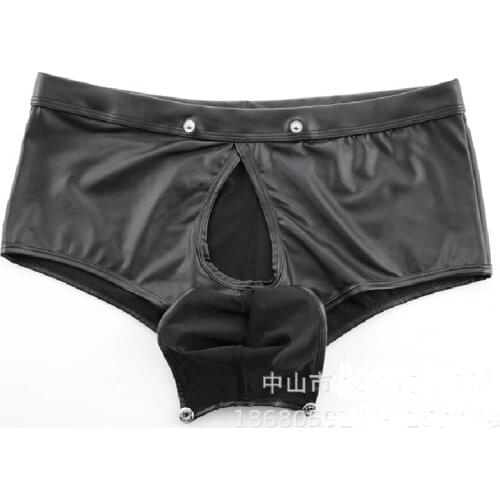 Men Patent Leather Boxer Shorts Faux Leather Boxers Gay Open Hidden Penis Pocket Underwear U Convex Underwea Jockstrap Underpant