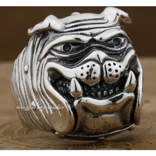 Huge Heavy 925 Sterling Silver Cute Bulldog Ring Mens Biker Punk Ring 8E011 US Size 7 to 15