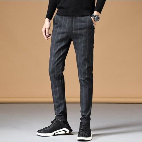 New Mens Fit Plaid Casual Pants High Quality Business Brand Trousers Male Cotton Gray Black Stretch Work Pants Plus Size 28-38
