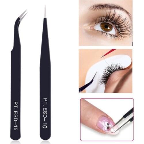Stainless Steel Tweezers Nail Art Acrylic Rhinestones Gems Decor Picking Tool Makeup Individual Eyelashes Tweezer Bent Flat