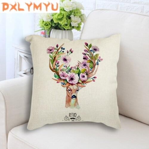 Drop Ship Watercolor Flower Deer Nordic Style Cotton Linen Cushion Throw Pillow Decorative Cushion Pillows for Sofa Home Decor