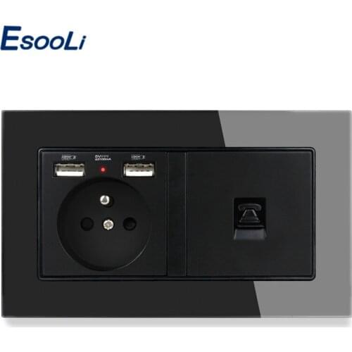 ESOOLI Black White Gold French Standard Socket with 2 USB +1 Gang RJ11 2 Core Telephone Connector Connector Tempered Glass Panel