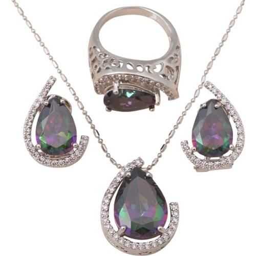 Luxury Design Pendants Earrings Ring Set silver 925 Inlay Mystic Zircon Zircon Fashion Jewelry set Sz #6.5 #7.5 #8.5 MS034A